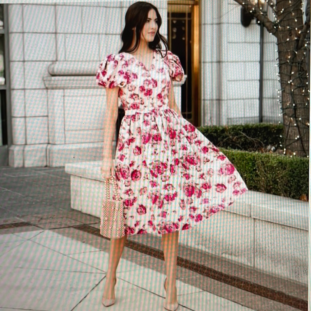 Rachel Parcell Pink Brocade Floral Puff Sleeve Dress